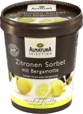 Alnatura Zitronen Sorbet (TK) Sorbet aus dem Saft sizilianischer Zitronen; mit Bergamottöl verfeinert