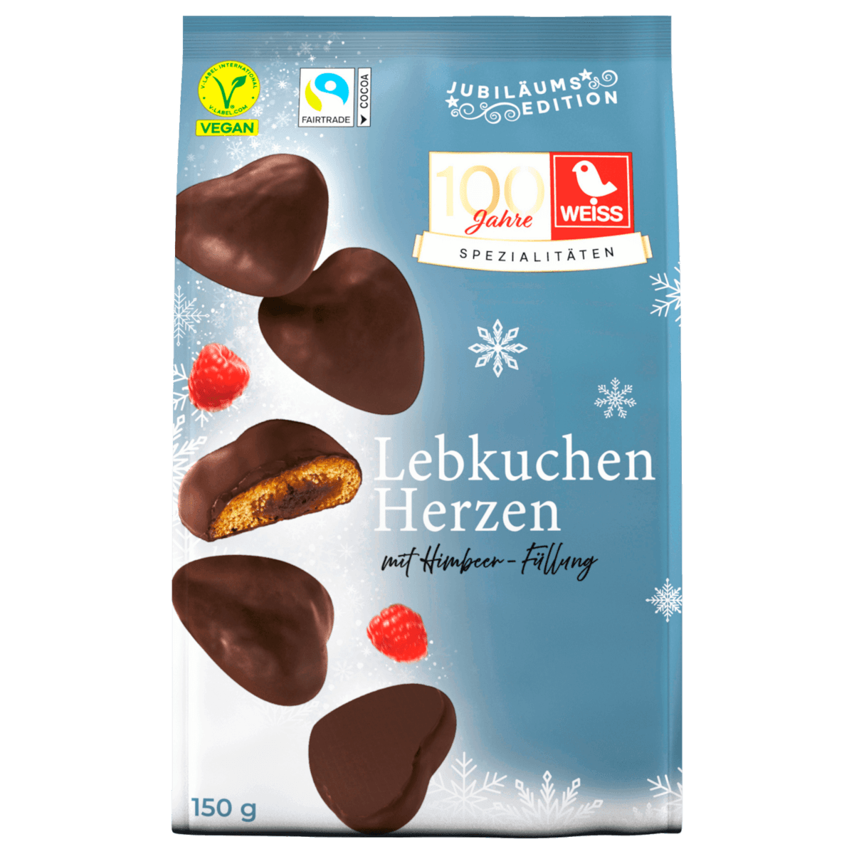 Lebkuchen-Herzen Zartbitter mit Himbeer-Füllung vegan 150g