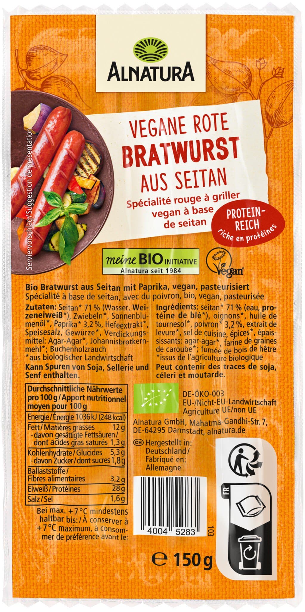 Vegane rote Bratwurst aus Seitan (gekühlt)