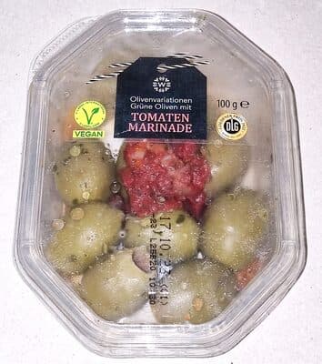 Grüne Oliven mit Tomatenmarinade